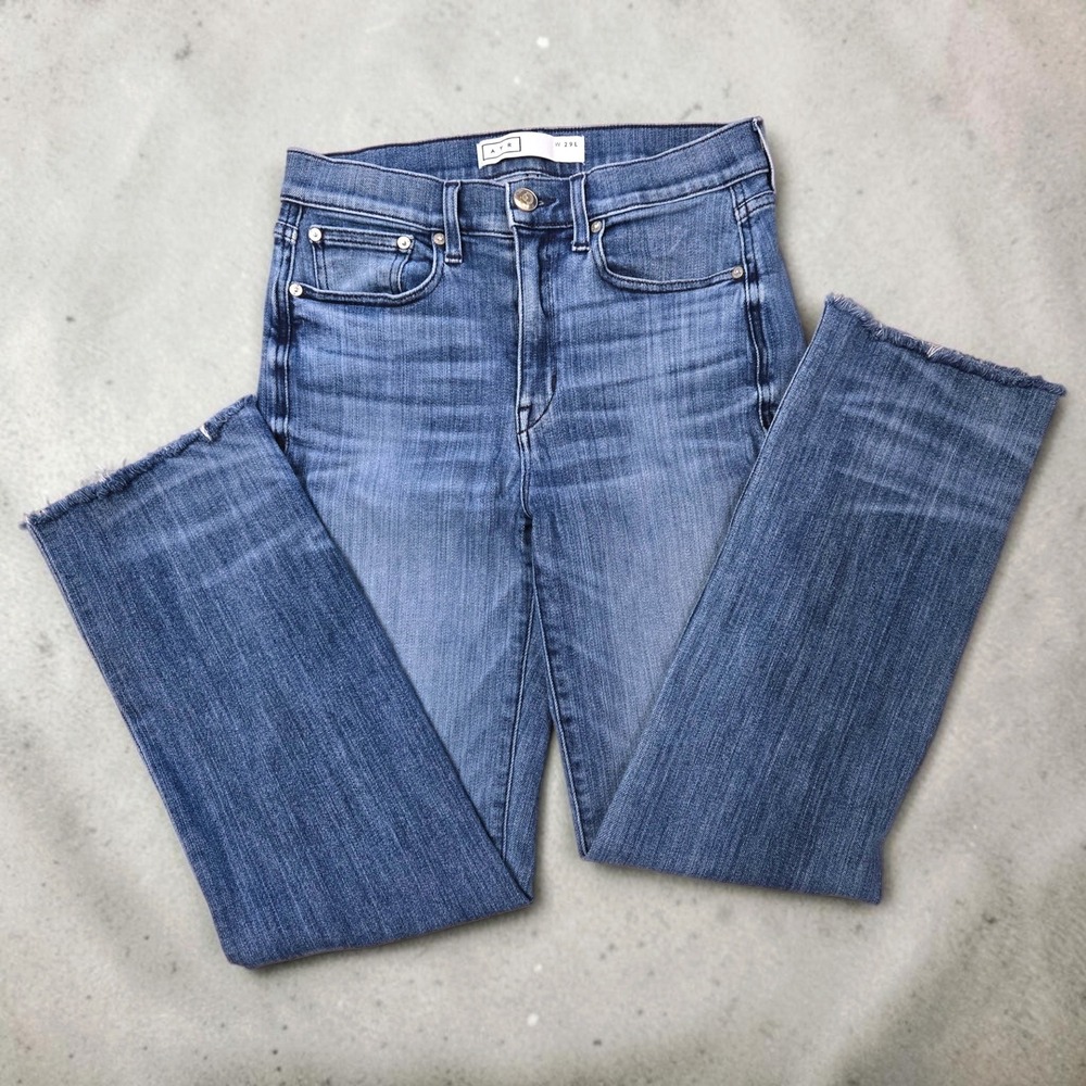 AYR The Bomb Pop Jeans Women's W29L High Rise Straight Raw Hem Bomba Blue USA
